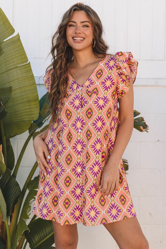 Orange Geometric Floral V Neck Buttoned Ruffled Sleeve Mini Dress-Dresses/Mini Dresses-[Adult]-[Female]-Orange-S-2022 Online Blue Zone Planet