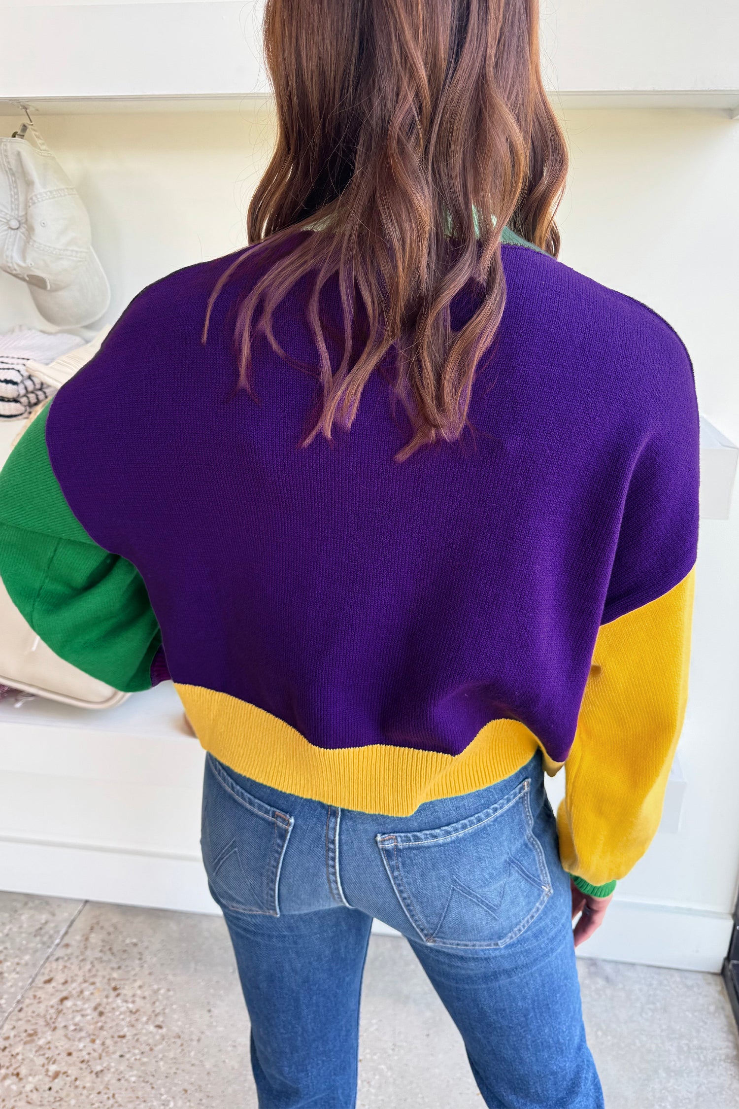 Tillandsia Purple Colorblock Patchwork Fuzzy Mardi Gras Graphic Sweater-TOPS / DRESSES-[Adult]-[Female]-2022 Online Blue Zone Planet