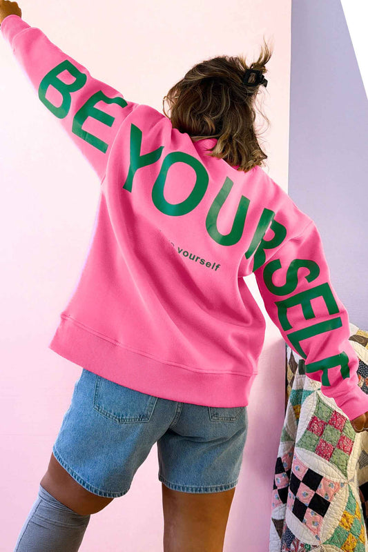 Sachet Pink Slogan Print Round Neck Long Sleeve Sweatshirt-Tops/Sweatshirts & Hoodies-[Adult]-[Female]-Sachet Pink-S-2022 Online Blue Zone Planet