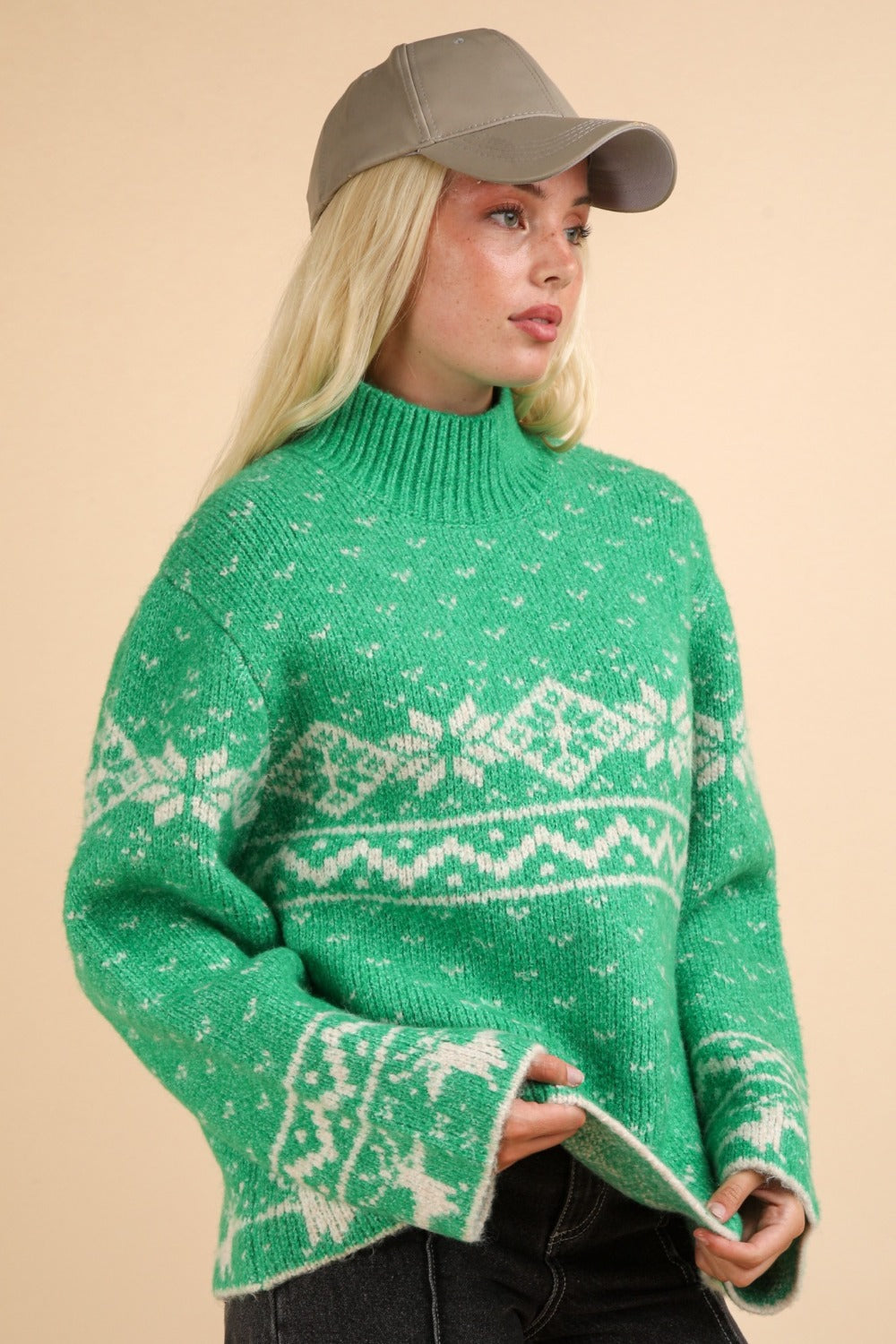 Blue Zone Planet | VERY J Christmas Element Mock Neck Long Sleeve Sweater-TOPS / DRESSES-[Adult]-[Female]-2022 Online Blue Zone Planet