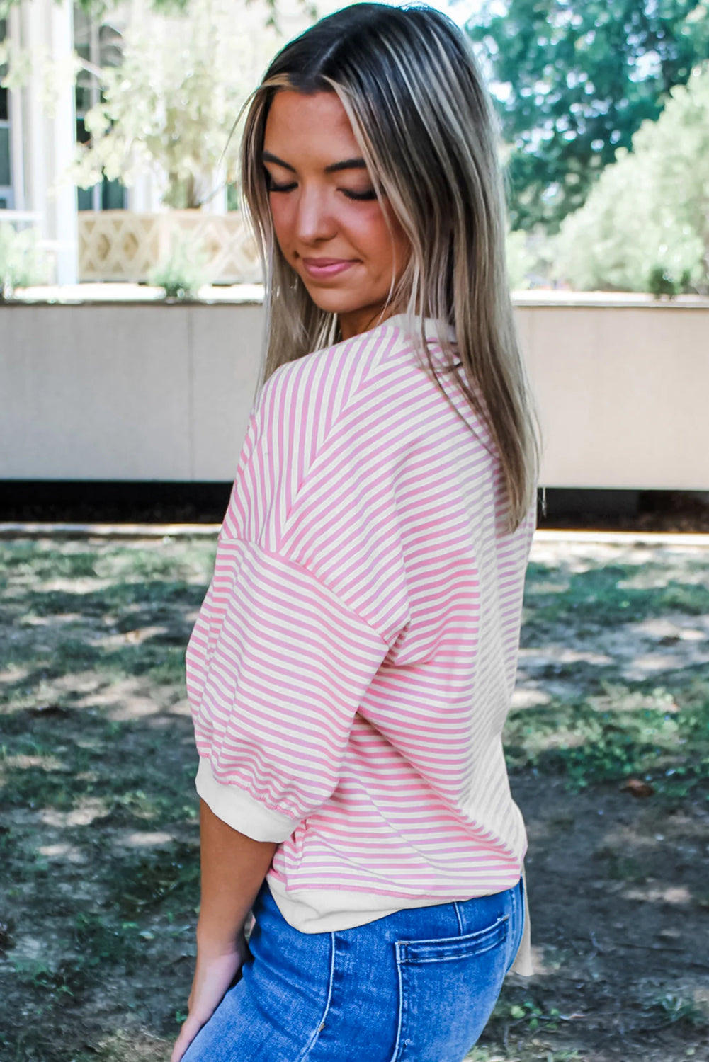 Pink Striped 3/4 Sleeve Drop Shoulder Top-Tops/Long Sleeve Tops-[Adult]-[Female]-2022 Online Blue Zone Planet