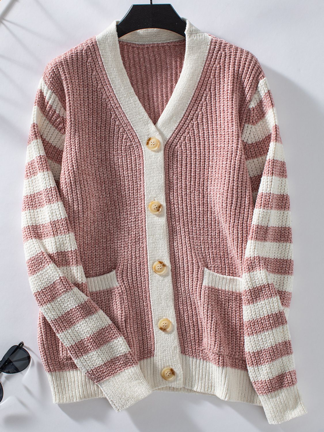 Striped Button Up Long Sleeve Cardigan-TOPS / DRESSES-[Adult]-[Female]-Dusty Pink-S-2022 Online Blue Zone Planet