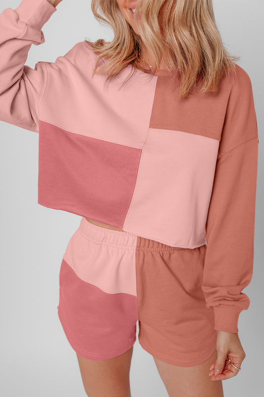 Peach Blossom Colorblock Patchwork Long Sleeve Shorts Outfit-Two Piece Sets/Short Sets-[Adult]-[Female]-Peach Blossom-S-2022 Online Blue Zone Planet