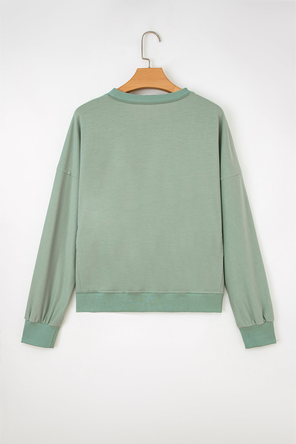 Smoke Green Raw Edge Flower Patch Drop Shoulder Casual Top-Tops/Long Sleeve Tops-[Adult]-[Female]-2022 Online Blue Zone Planet