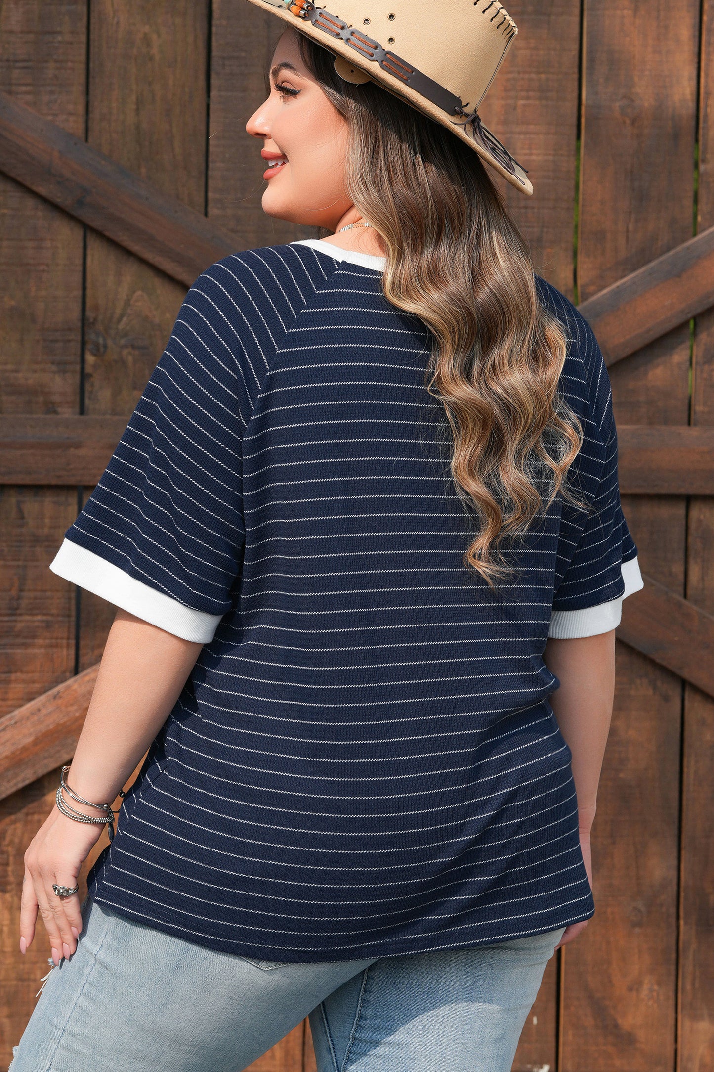 Blue Stripe Contrast Trim Plus Size Ribbed T Shirt-Plus Size/Plus Size Tops/Plus Size Tops & Tees-[Adult]-[Female]-2022 Online Blue Zone Planet