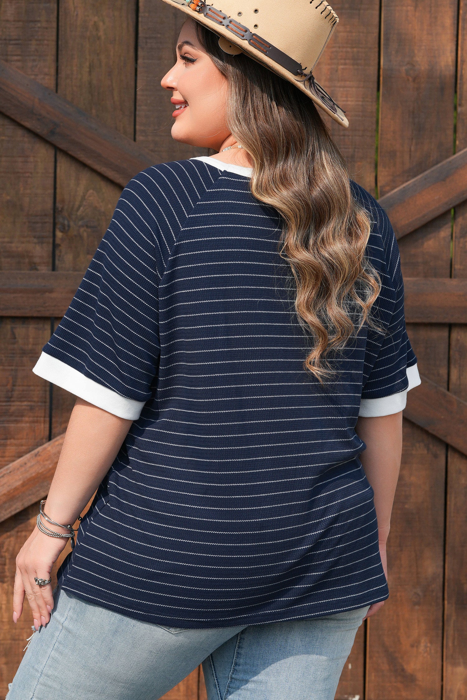 Blue Stripe Contrast Trim Plus Size Ribbed T Shirt-Plus Size/Plus Size Tops/Plus Size Tops & Tees-[Adult]-[Female]-2022 Online Blue Zone Planet
