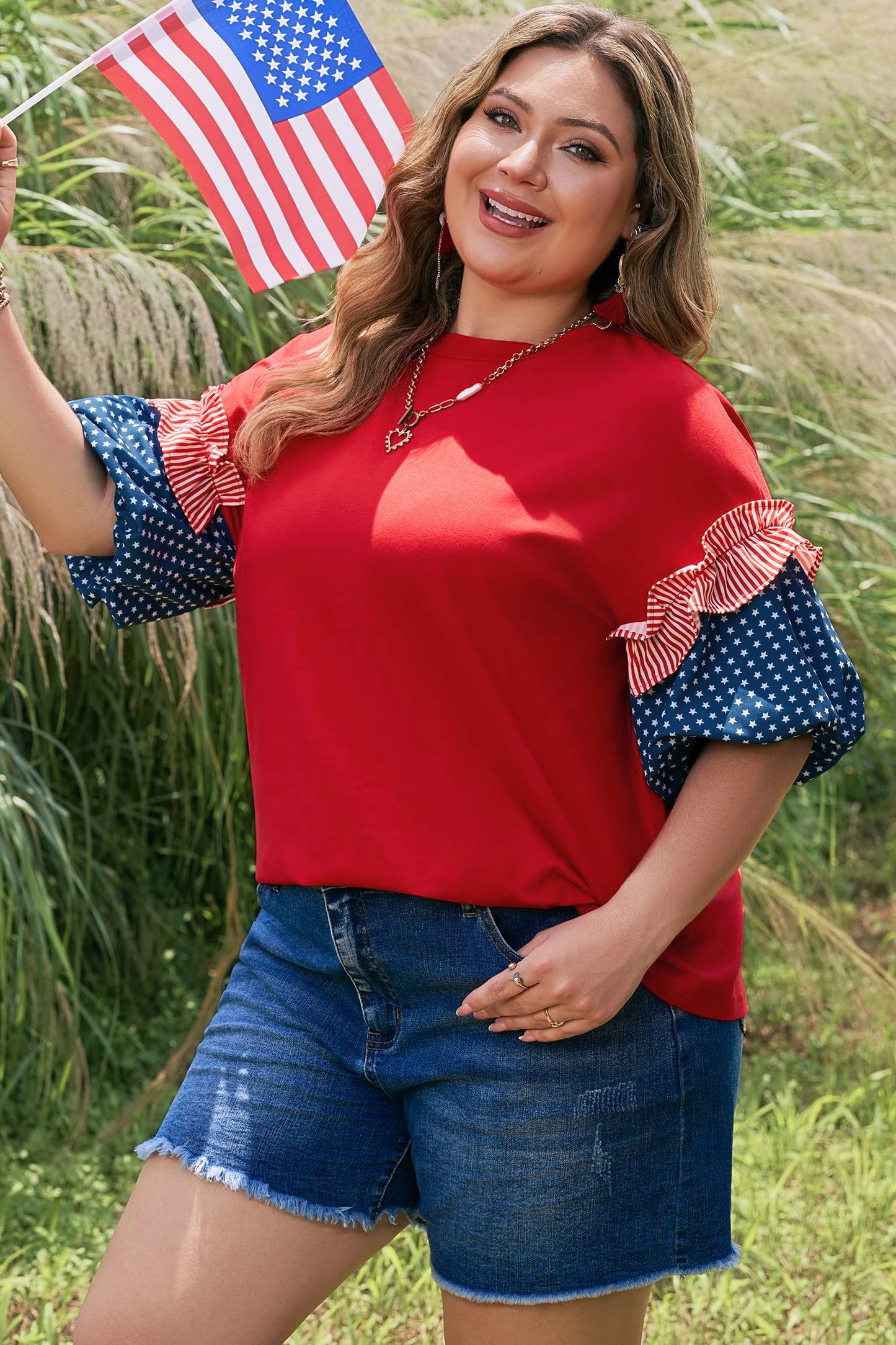 Fiery Red Plus Size Striped Ruffles Star Short Bubble Sleeve Patchwork Top-Plus Size/Plus Size Tops/Plus Size Tops & Tees-[Adult]-[Female]-2022 Online Blue Zone Planet