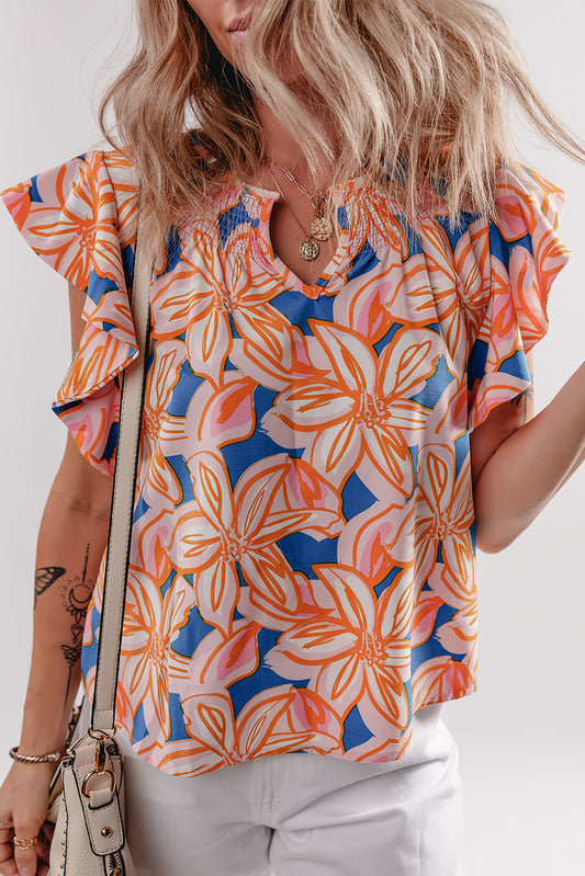 Orange Summer Flower Print Notched Neck Ruffle Sleeve Blouse-Tops/Blouses & Shirts-[Adult]-[Female]-Orange-S-2022 Online Blue Zone Planet