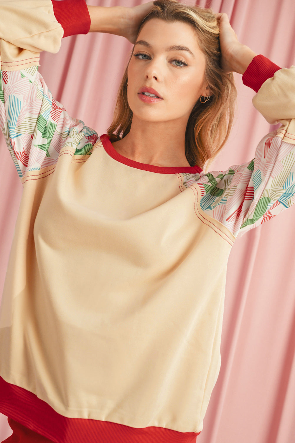 Blue Zone Planet | Beige Bowknot Print Patchwork Raglan Sleeve Top-Long Sleeve Tops-[Adult]-[Female]-2022 Online Blue Zone Planet