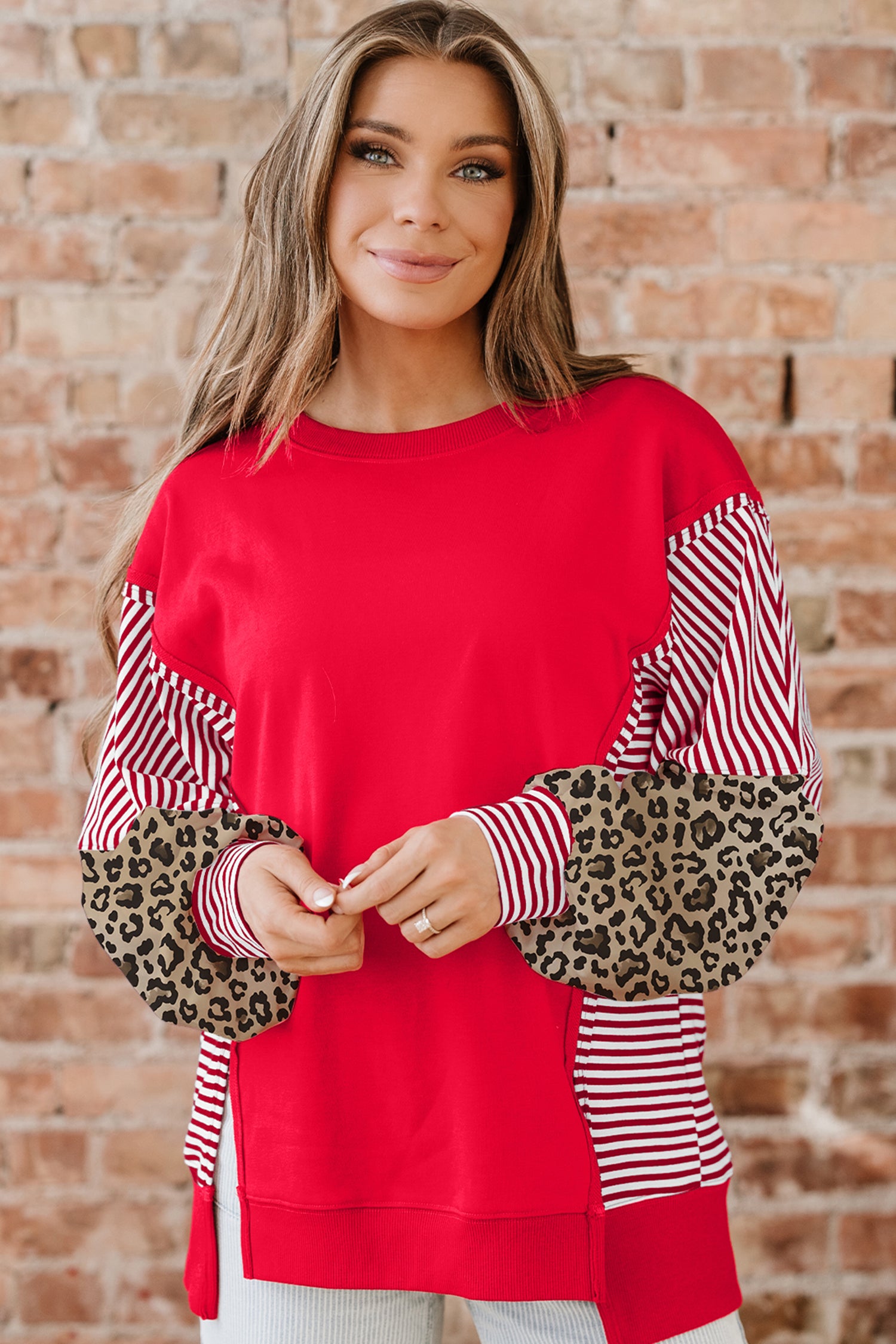 Racing Red Striped Patchwork Sleeve Colorblock Sweatshirt-Tops/Sweatshirts & Hoodies-[Adult]-[Female]-2022 Online Blue Zone Planet