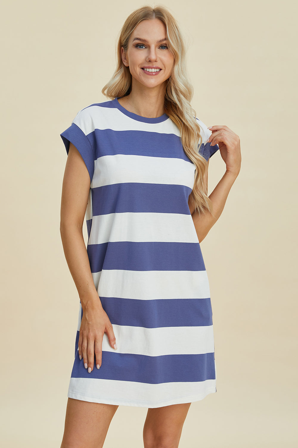 Basic Bae Full Size Striped Round Neck Cap Sleeve Mini Dress-TOPS / DRESSES-[Adult]-[Female]-2022 Online Blue Zone Planet