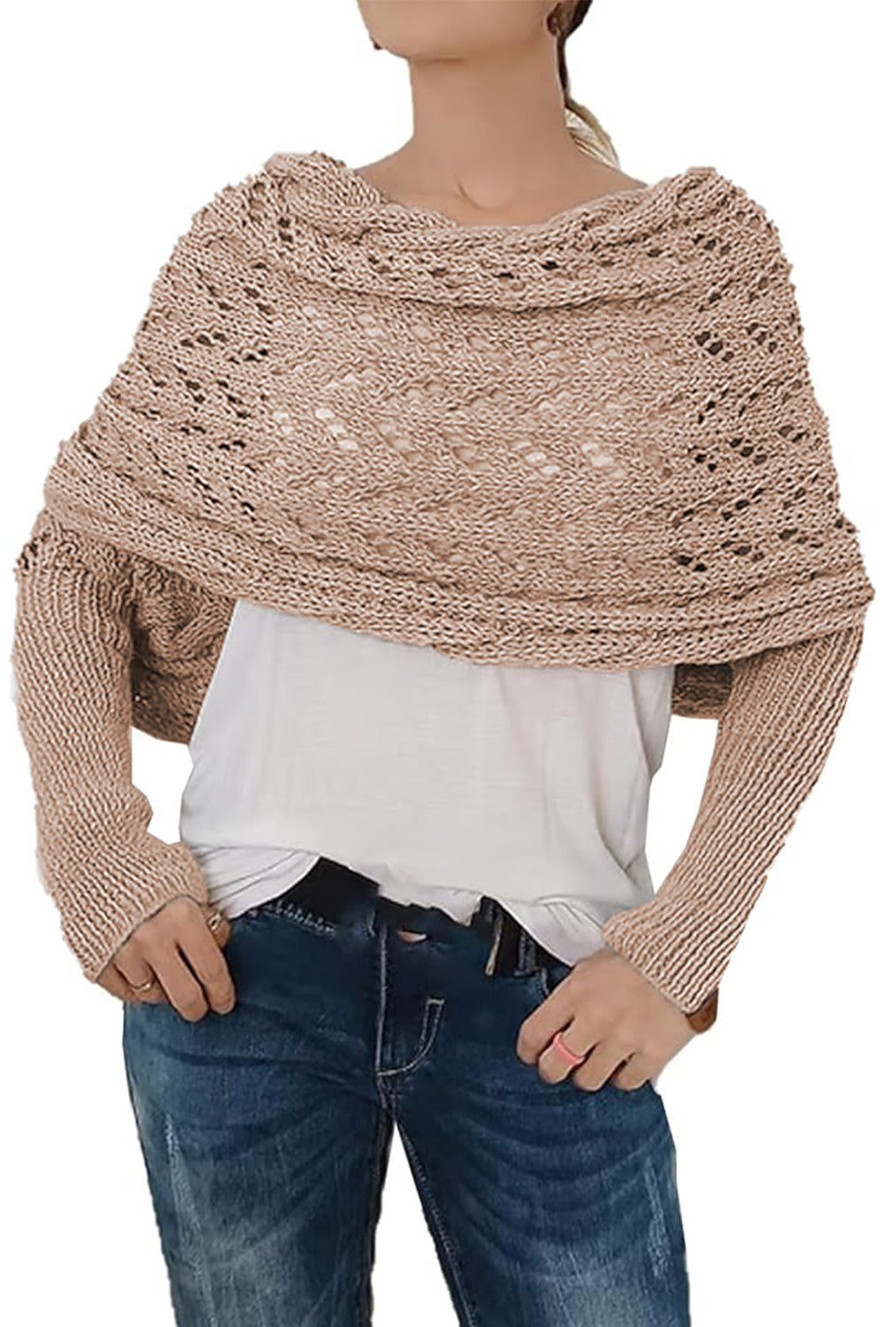 Gray Cross Detail Hollowed Knit Scarf with Sleeves-Accessories/Scarves-[Adult]-[Female]-2022 Online Blue Zone Planet