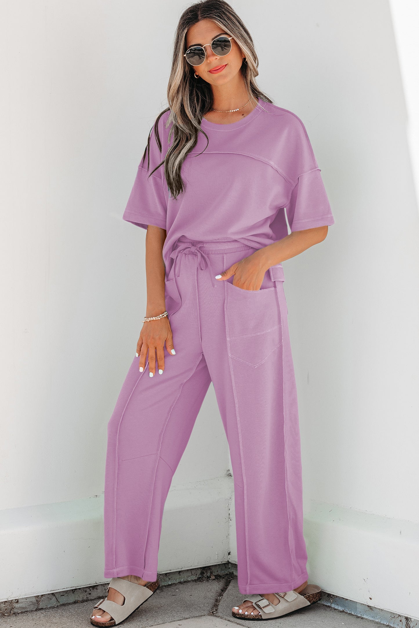 Sky Blue Drop Shoulder Boxy Tee and Barrel Pants Set-Two Piece Sets/Pant Sets-[Adult]-[Female]-2022 Online Blue Zone Planet
