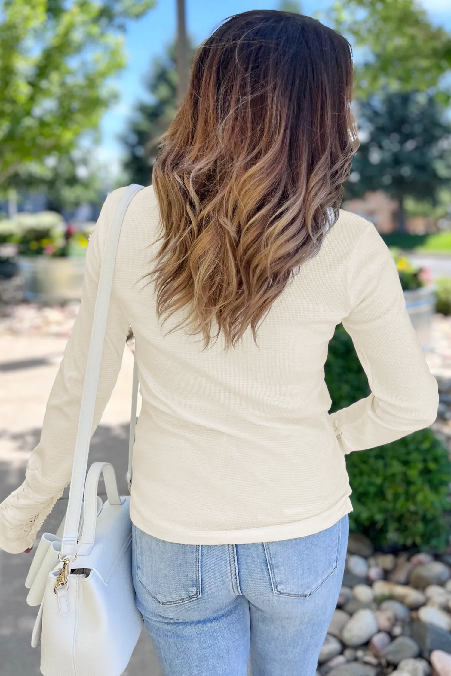 Beige Thermal Knit Lace Ruched Patchwork Long Sleeve V Neck Top-Tops/Long Sleeve Tops-[Adult]-[Female]-2022 Online Blue Zone Planet