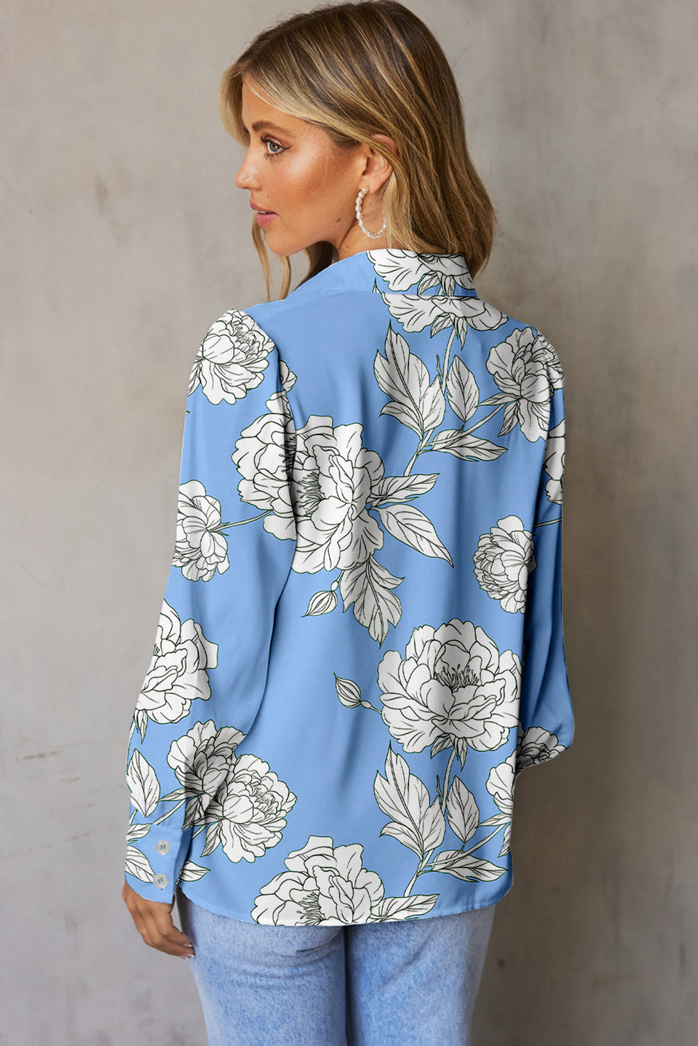 Sky Blue Floral Print Button Up Pleated Detail Puff Sleeve Shirt-Tops/Blouses & Shirts-[Adult]-[Female]-2022 Online Blue Zone Planet