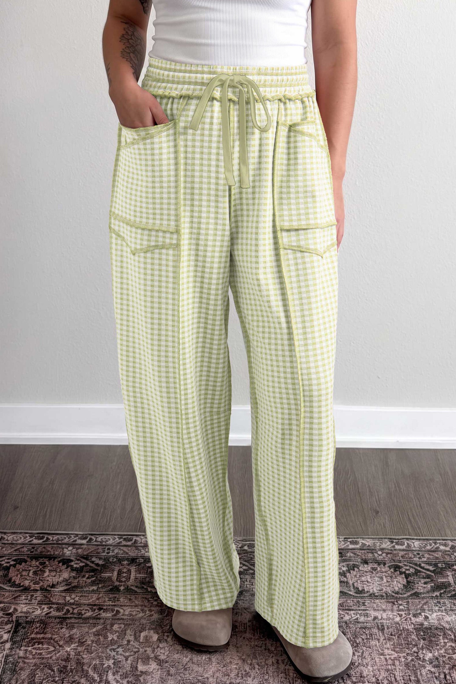 Red Plaid Contrast Trim Drawstring Elastic Waist Shift Pants-Bottoms/Pants & Culotte-[Adult]-[Female]-2022 Online Blue Zone Planet