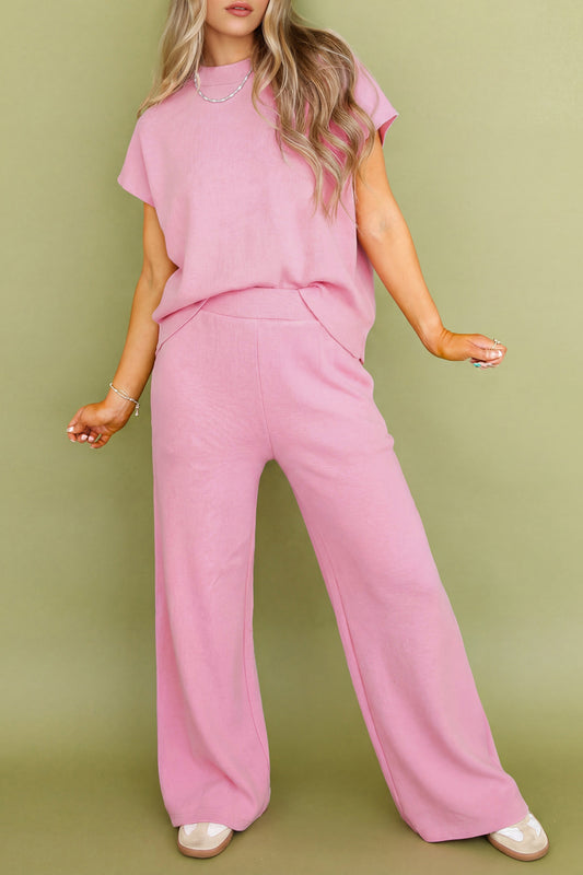 Pink Textured Knit High Neck Loose Tee Elastic Waist Loose Pant Set-Two Piece Sets/Pant Sets-[Adult]-[Female]-Pink-S-2022 Online Blue Zone Planet