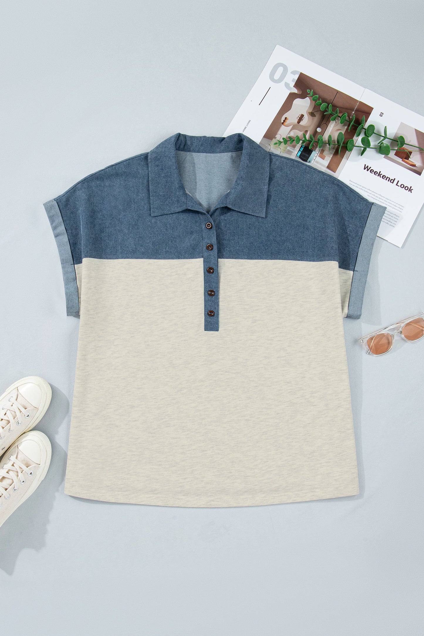 Light Grey Half Buttons Collared Denim Patchwork Plus Short Sleeve Top-Plus Size/Plus Size Tops/Plus Size Blouses & Shirts-[Adult]-[Female]-2022 Online Blue Zone Planet