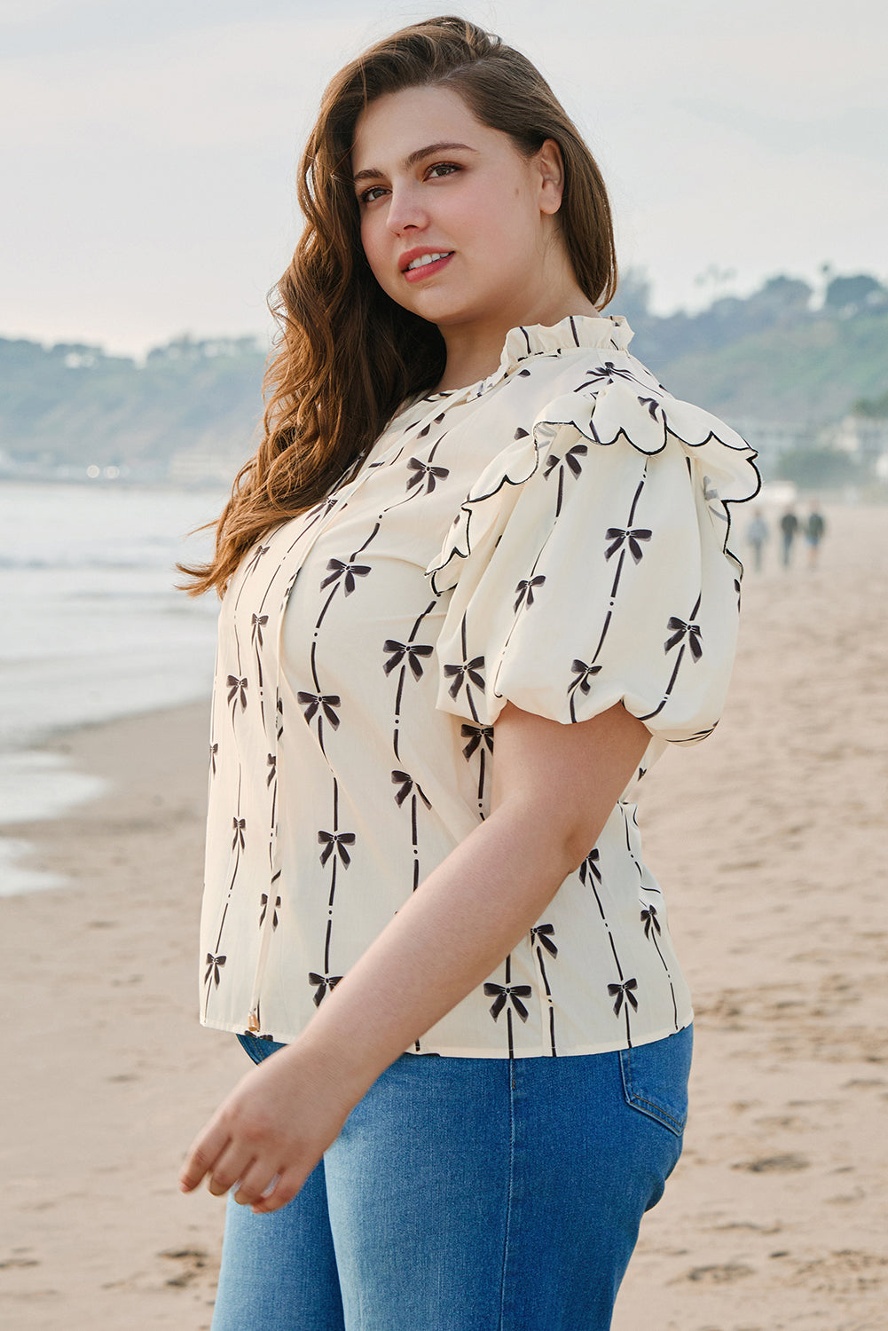 Apricot Bow Printed Ruffled Bubble Sleeve Lace-up Notched Neck Plus Size Blouse-Plus Size/Plus Size Tops/Plus Size Blouses & Shirts-[Adult]-[Female]-2022 Online Blue Zone Planet