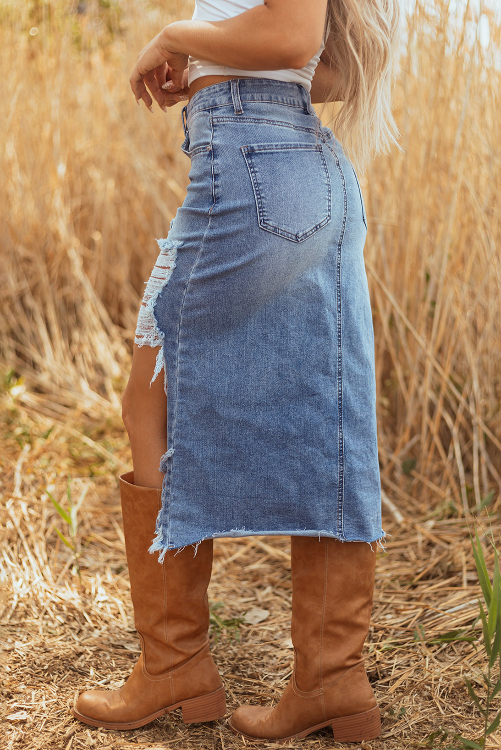 Myosotis Irregular Distressed Bottom Denim Midi Skirt-Bottoms/Skirts & Petticoat-[Adult]-[Female]-2022 Online Blue Zone Planet
