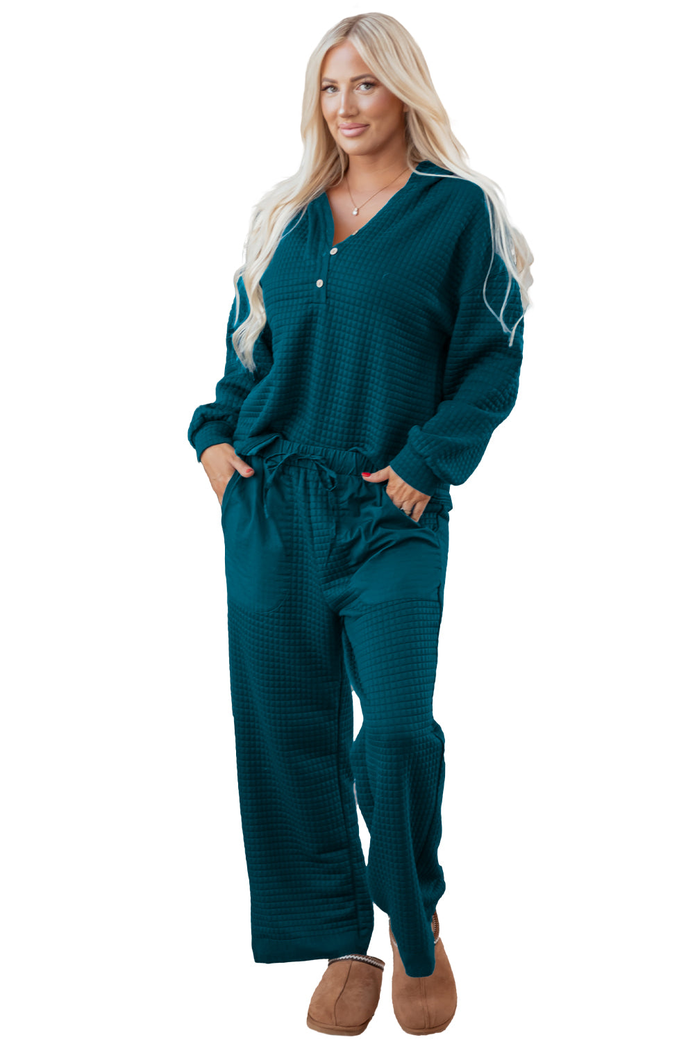 Skobeloff Waffled Textured Raw Edge Patchwork 2pcs Loose Pant Set-Two Piece Sets/Pant Sets-[Adult]-[Female]-2022 Online Blue Zone Planet