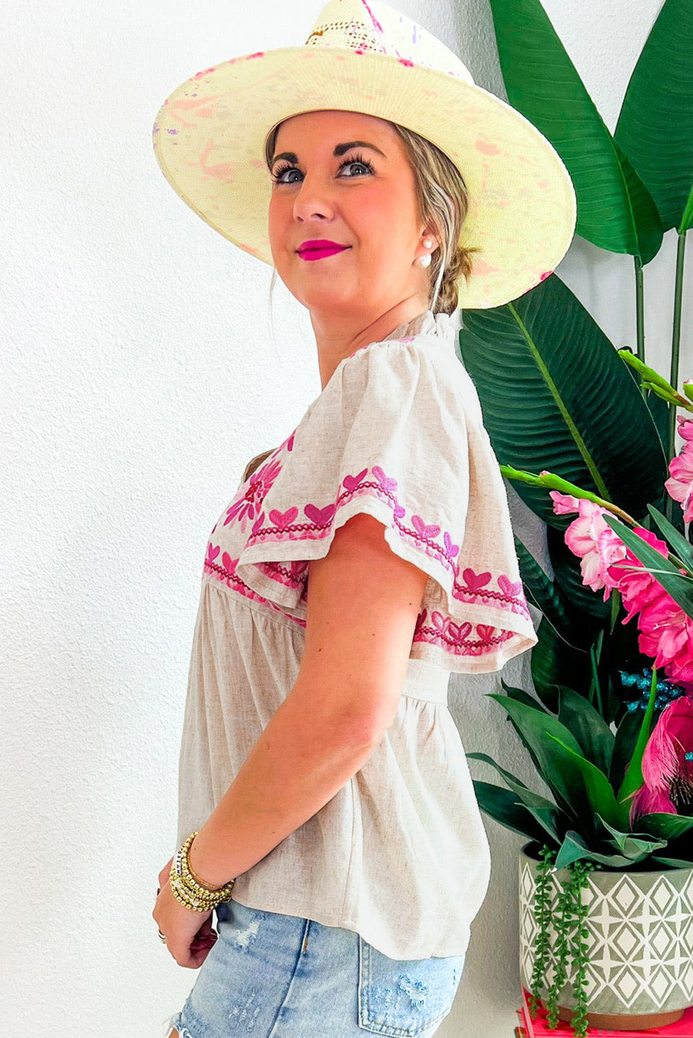 Beige Floral Embroidered Short Sleeve Notched V Neck Blouse