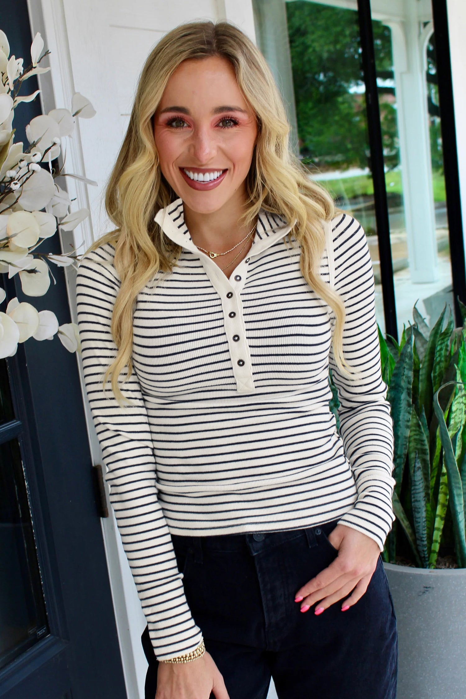 Black Stripe Ribbed Knit Half Button Long Sleeve Slim Top-Tops/Long Sleeve Tops-[Adult]-[Female]-2022 Online Blue Zone Planet