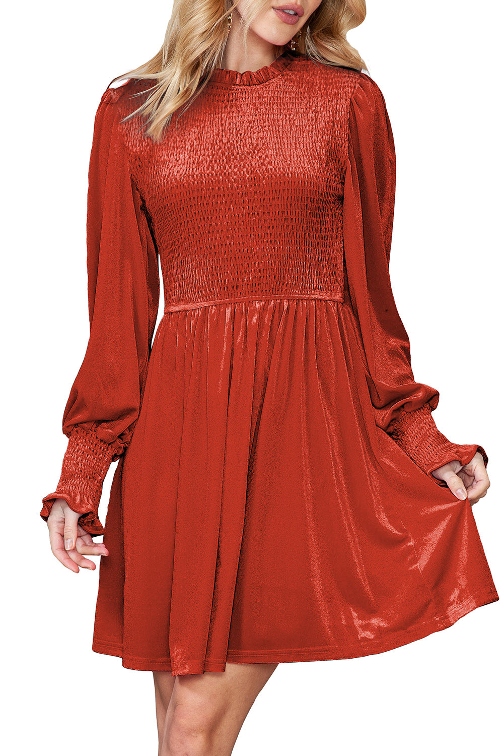 Blue Zone Planet | Red Smocked Lantern Sleeve Frilled Velvet Dress-TOPS / DRESSES-[Adult]-[Female]-2022 Online Blue Zone Planet