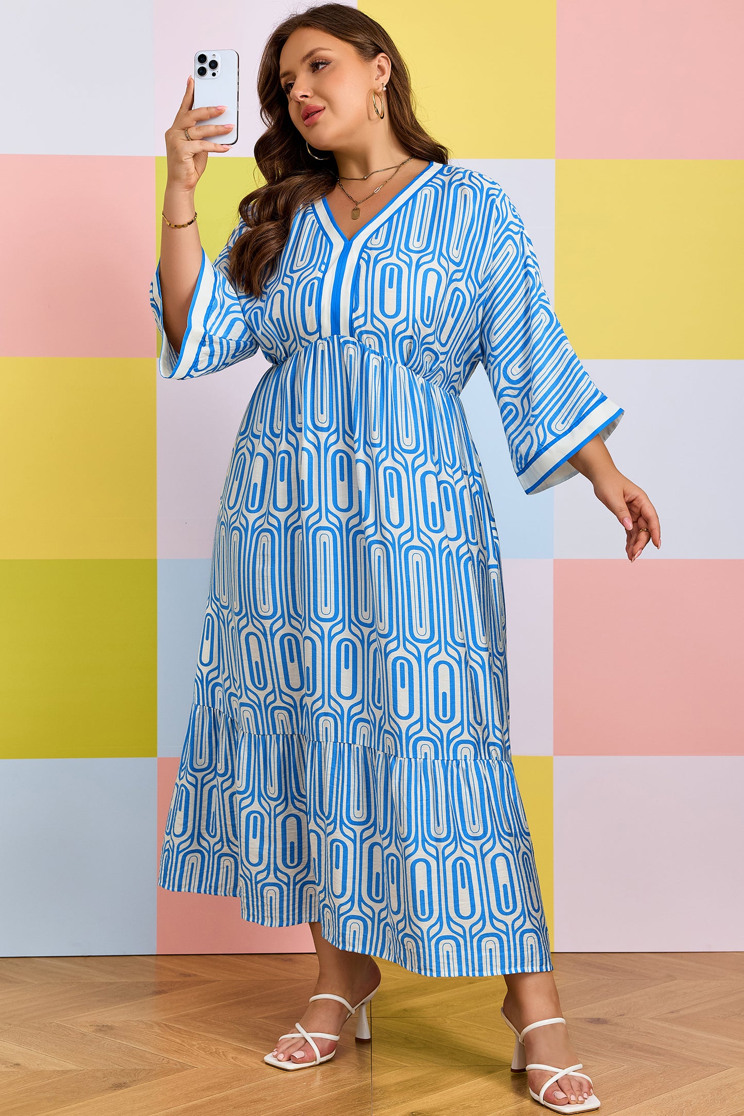 Sky Blue Plus Size Geometric Print Contrast Trim V Neck Bracelet Sleeve Long Dress-Bracelet-[Adult]-[Female]-2022 Online Blue Zone Planet