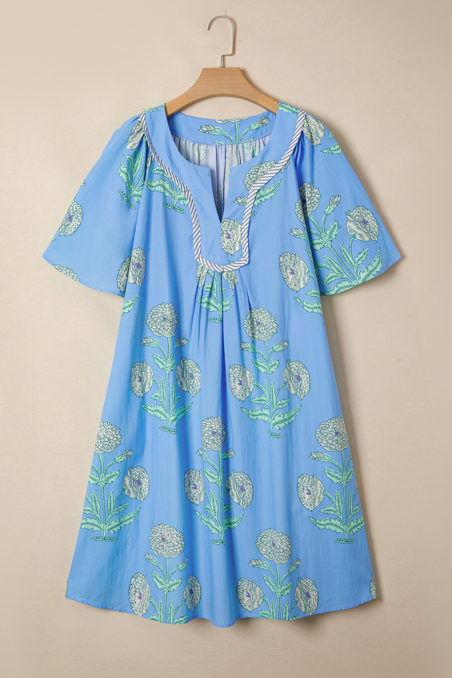 Sky Blue Plus Periwinkle Floral Printed Short Sleeve Striped Trim Split Neck Mini Dress-TOPS / DRESSES-[Adult]-[Female]-2022 Online Blue Zone Planet
