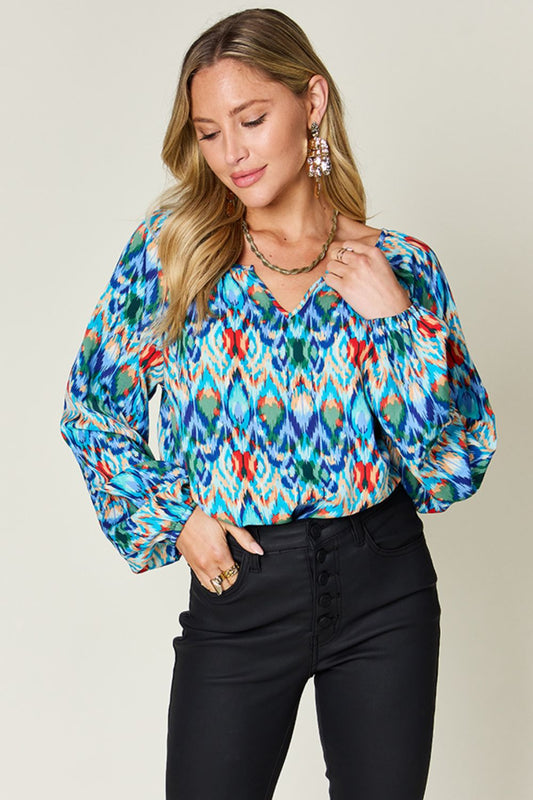 Blue Zone Planet | Double Take Full Size Printed Balloon Sleeve Blouse-TOPS / DRESSES-[Adult]-[Female]-Sky Blue-S-2022 Online Blue Zone Planet