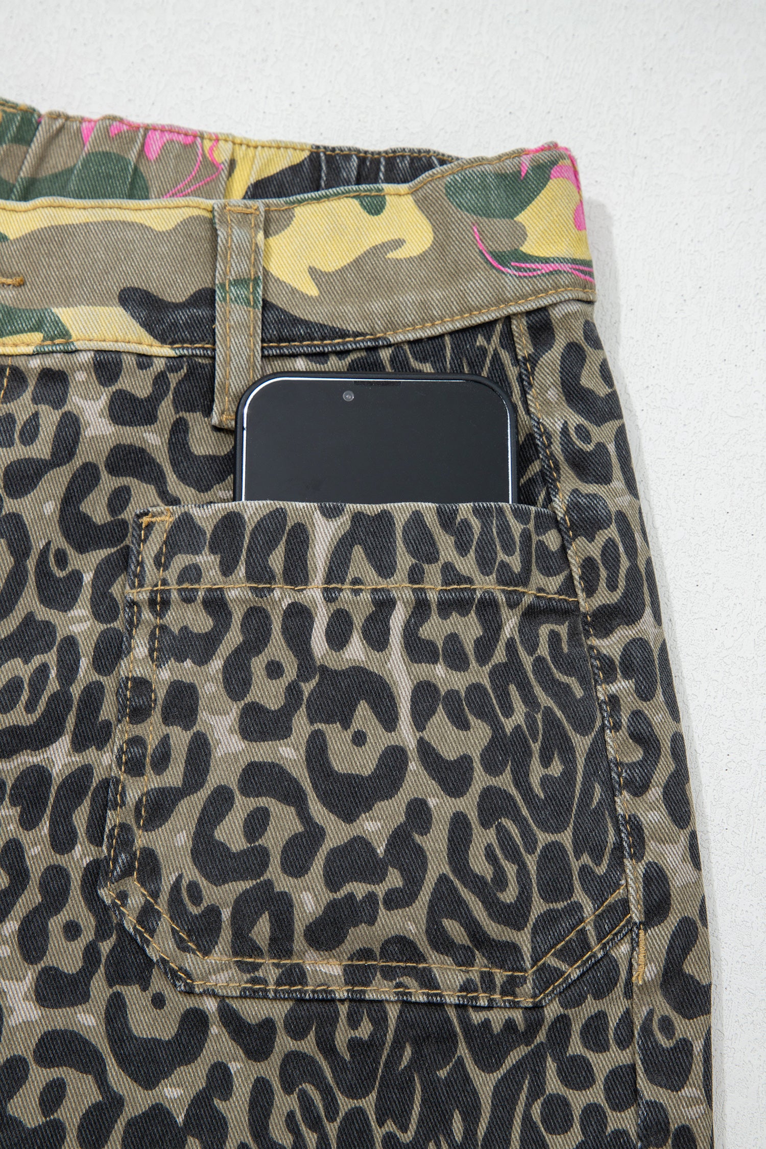 Multicolour Abstract Camouflage Print Contrast Leopard Patchwork Straight Leg Jeans-Bottoms/Jeans-[Adult]-[Female]-2022 Online Blue Zone Planet