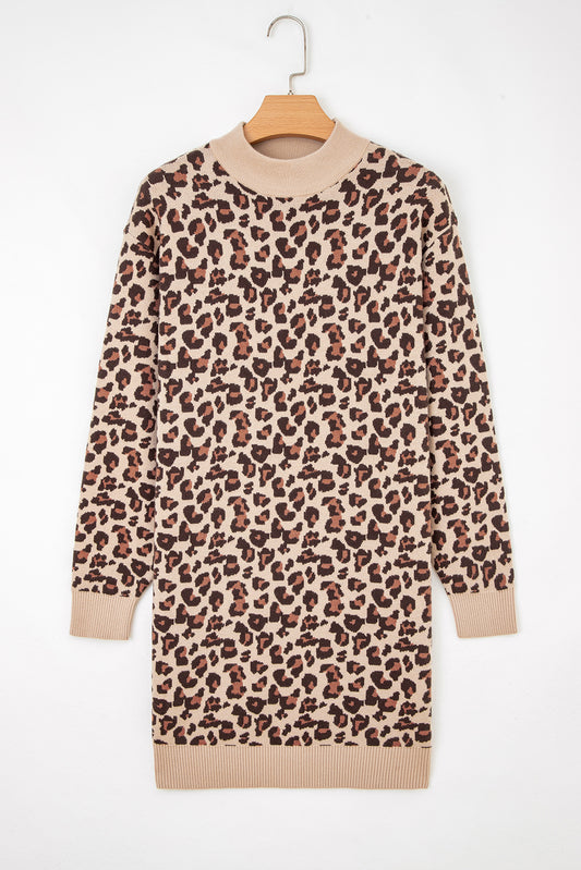 Khaki Leopard Print High Neck Shift Mini Sweater Dress-TOPS / DRESSES-[Adult]-[Female]-2022 Online Blue Zone Planet
