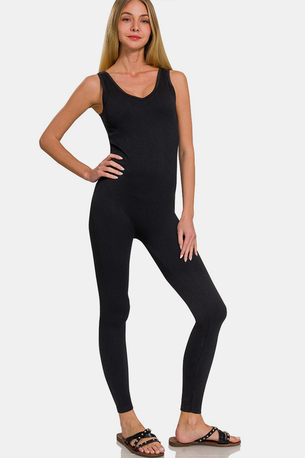 Zenana Ribbed Bra Padded Sports Seamless Jumpsuit-[Adult]-[Female]-Black-S/M-2022 Online Blue Zone Planet