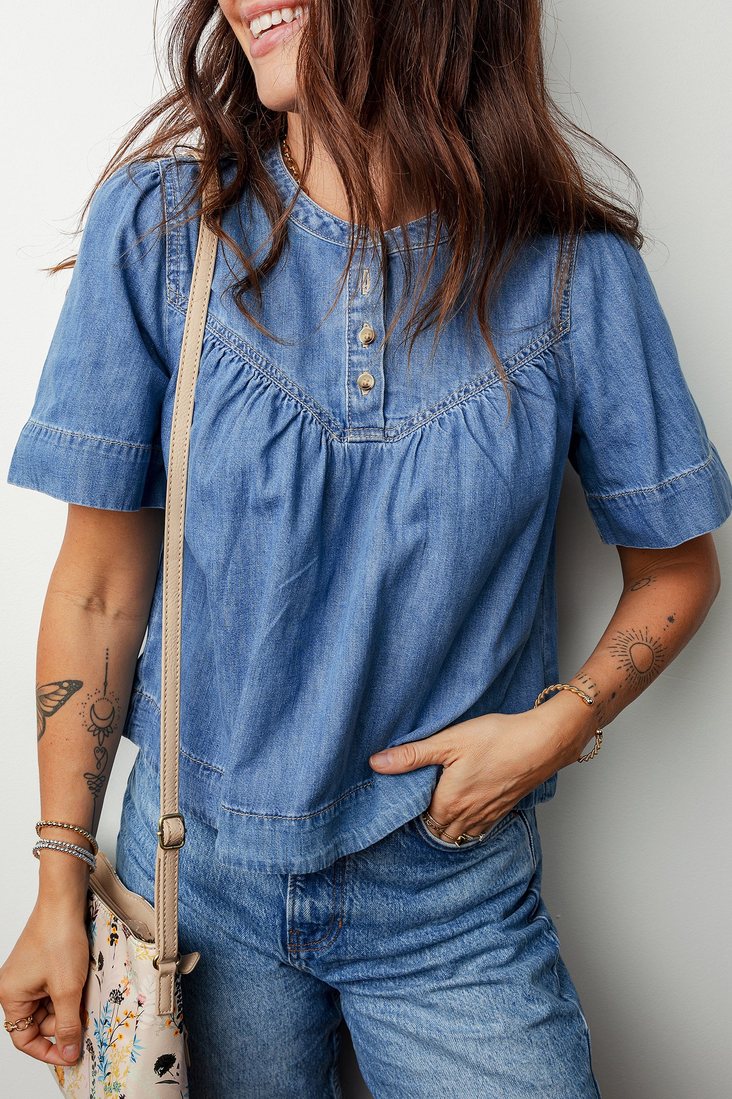 Beau Blue Seam Pleated Detail Half Button Short Sleeve Denim Top-Tops/Blouses & Shirts-[Adult]-[Female]-2022 Online Blue Zone Planet