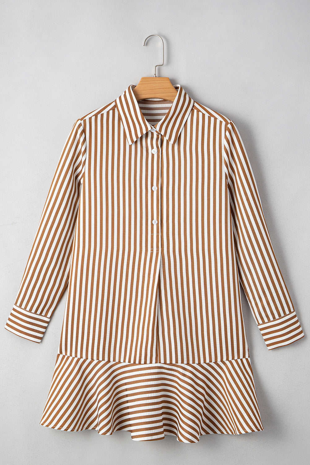 Brown Stripe Ruffled Hem Collared Long Sleeve Shirt Mini Dress-TOPS / DRESSES-[Adult]-[Female]-2022 Online Blue Zone Planet