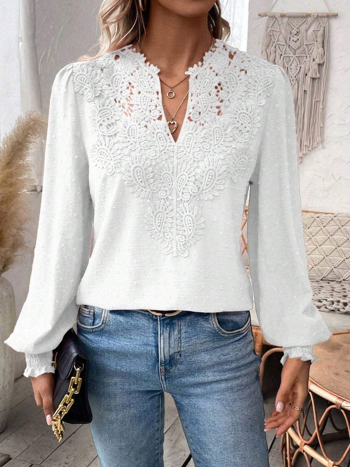 Swiss Dot Lace Detail Notched Long Sleeve Blouse-TOPS / DRESSES-[Adult]-[Female]-White-S-2022 Online Blue Zone Planet