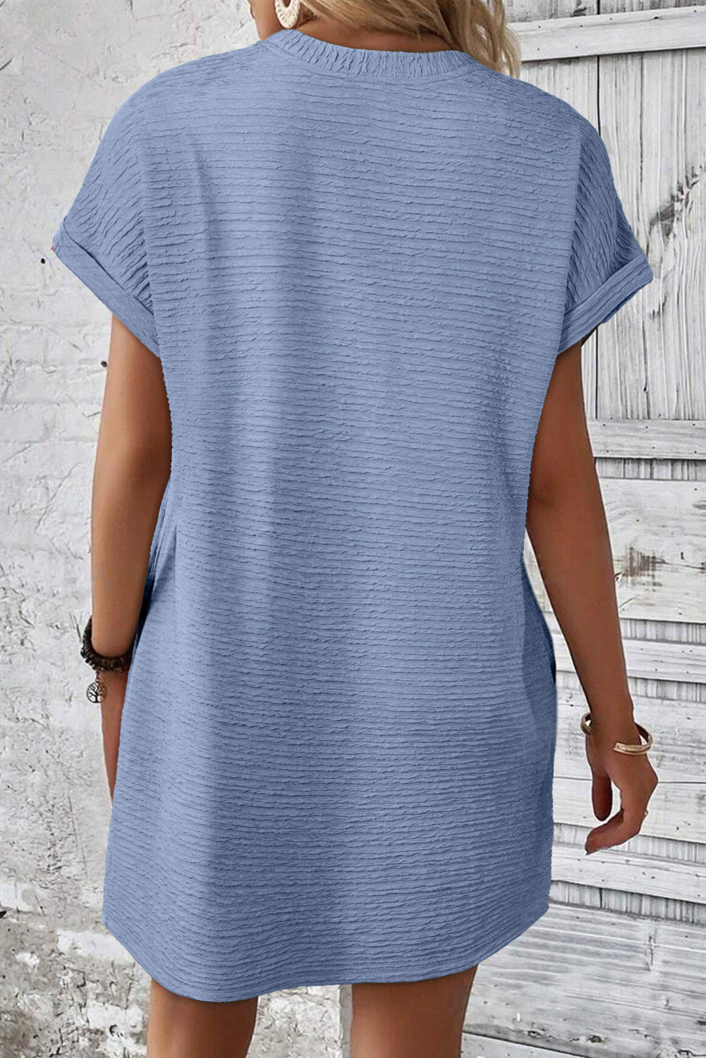 Grass Green Solid Color Textured Crinkle Short Sleeve T Shirt Dress-Dresses/T Shirt Dresses-[Adult]-[Female]-2022 Online Blue Zone Planet