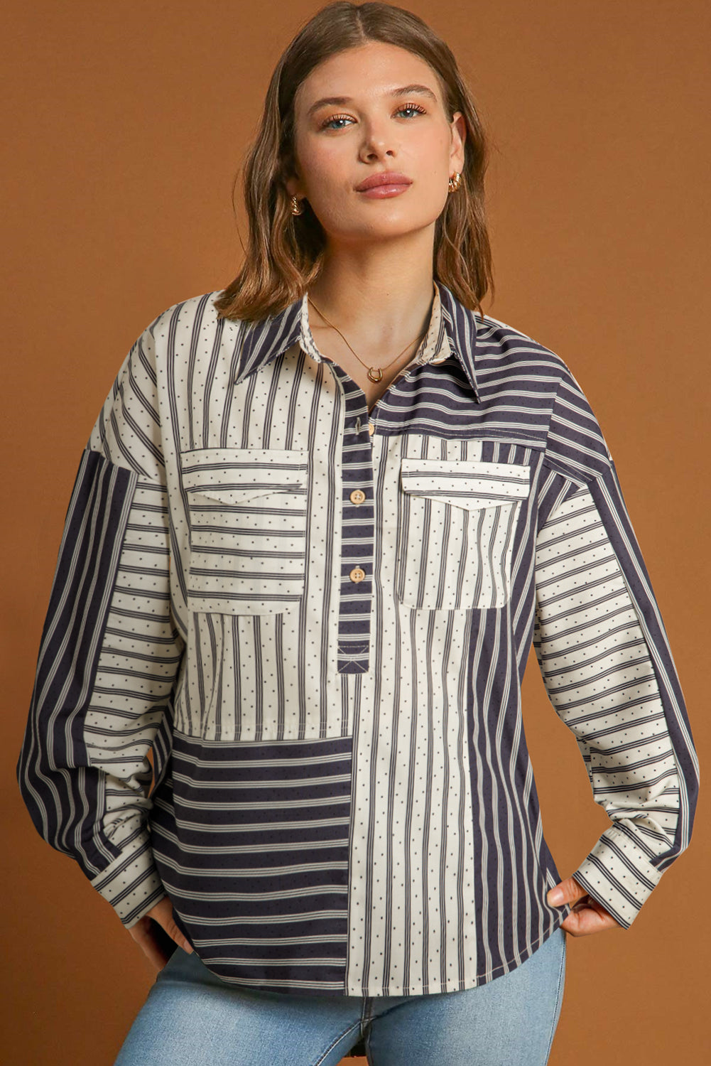 Blue Zone Planet | Black Stripe 2-tone Patchwork Half Buttons Chest Pockets Casual Blouse-Tops/Blouses & Shirts-[Adult]-[Female]-2022 Online Blue Zone Planet