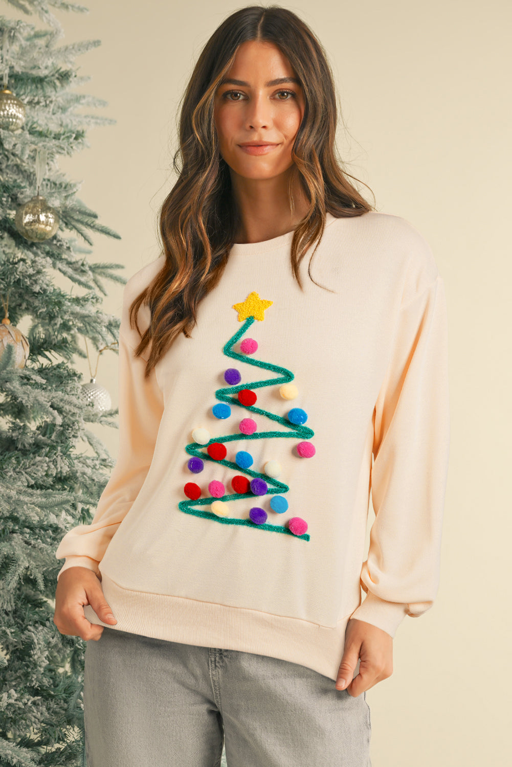 Blue Zone Planet | Beige Tinsel Christmas Tree Random Pompom Sweatershirt-Sweatshirts & Hoodies-[Adult]-[Female]-Beige-S-2022 Online Blue Zone Planet