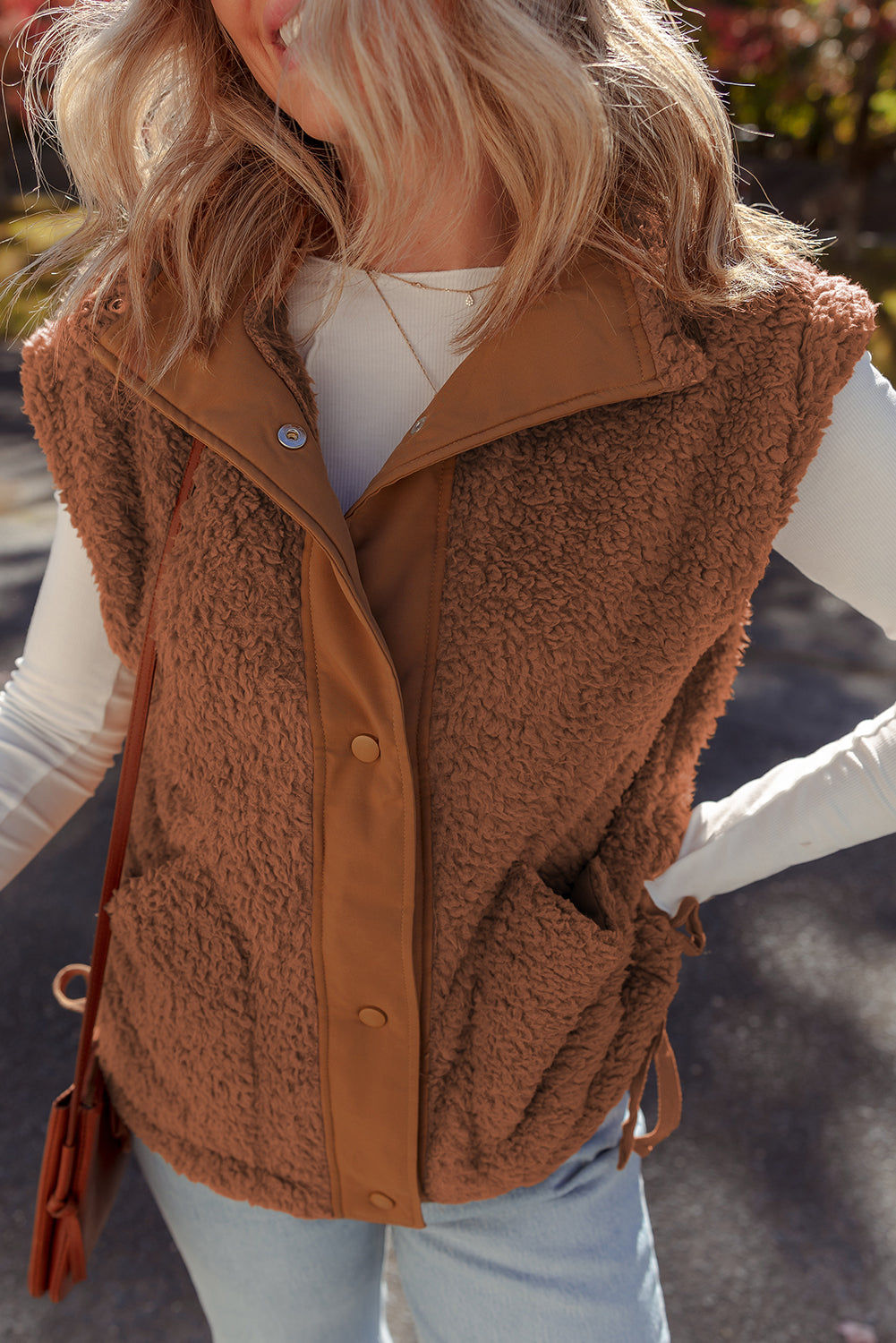 Cinnamon Faux Fur Snap Button Front Knot Side Plush Vest With Pockets-Outerwear/Vests-[Adult]-[Female]-2022 Online Blue Zone Planet