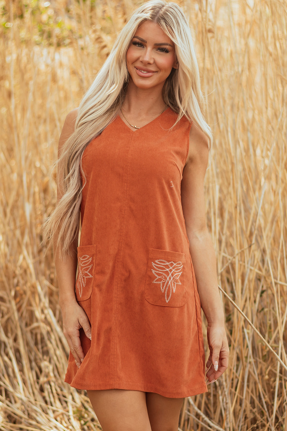 Gold Flame Corduroy Western Embroidered Patched Pocket Shift Sleeveless Mini Dress-Dresses/Mini Dresses-[Adult]-[Female]-2022 Online Blue Zone Planet