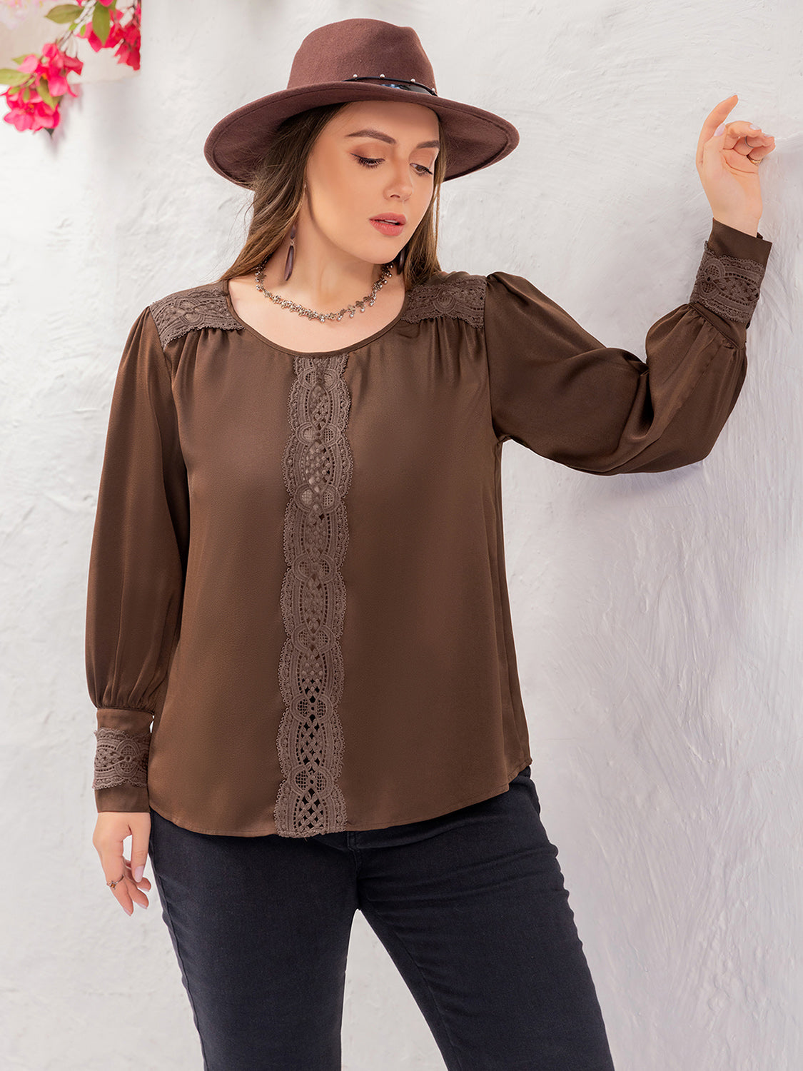 Plus Size Lace Detail Round Neck Long Sleeve Blouse-TOPS / DRESSES-[Adult]-[Female]-2022 Online Blue Zone Planet