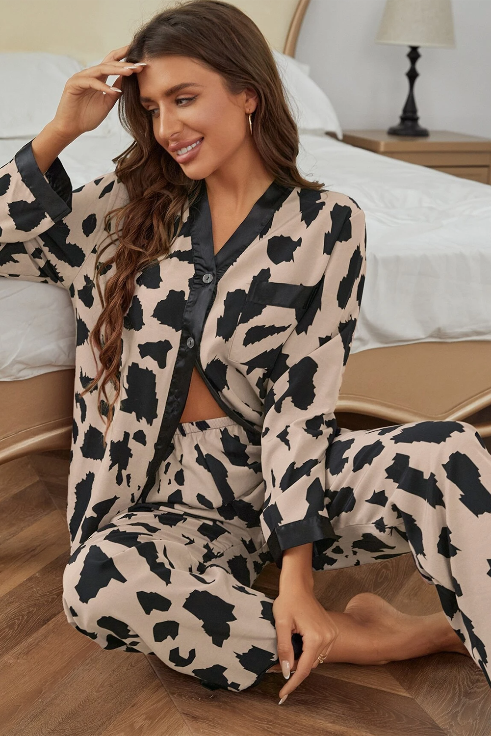 Khaki Cheetah Contrast Trim Loose Fit Two Piece Sleepwear-Loungewear & Sleepwear/Sleepwear-[Adult]-[Female]-2022 Online Blue Zone Planet