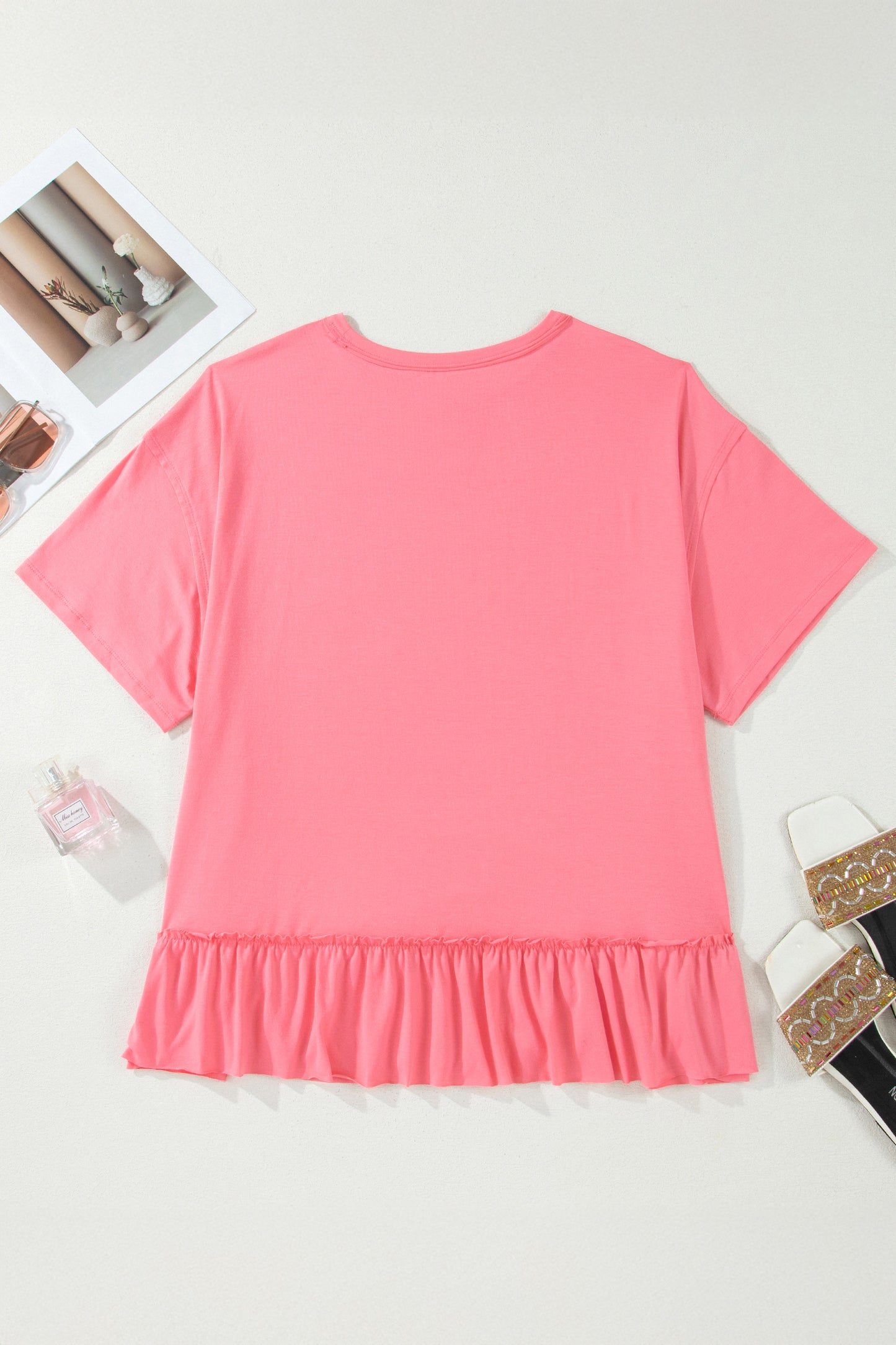 Peach Blossom Solid Color Raw Seam Detail Ruffle Hem Plus Size T Shirt-Plus Size/Plus Size Tops/Plus Size Tops & Tees-[Adult]-[Female]-2022 Online Blue Zone Planet