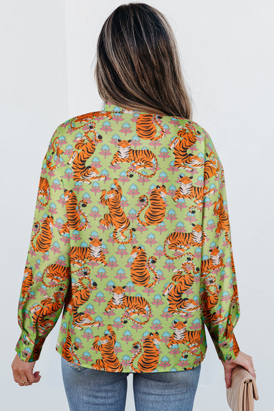 Blue Zone Planet | Green Tiger Floral Printed Collared V Neck Casual Shirt-Tops/Blouses & Shirts-[Adult]-[Female]-2022 Online Blue Zone Planet