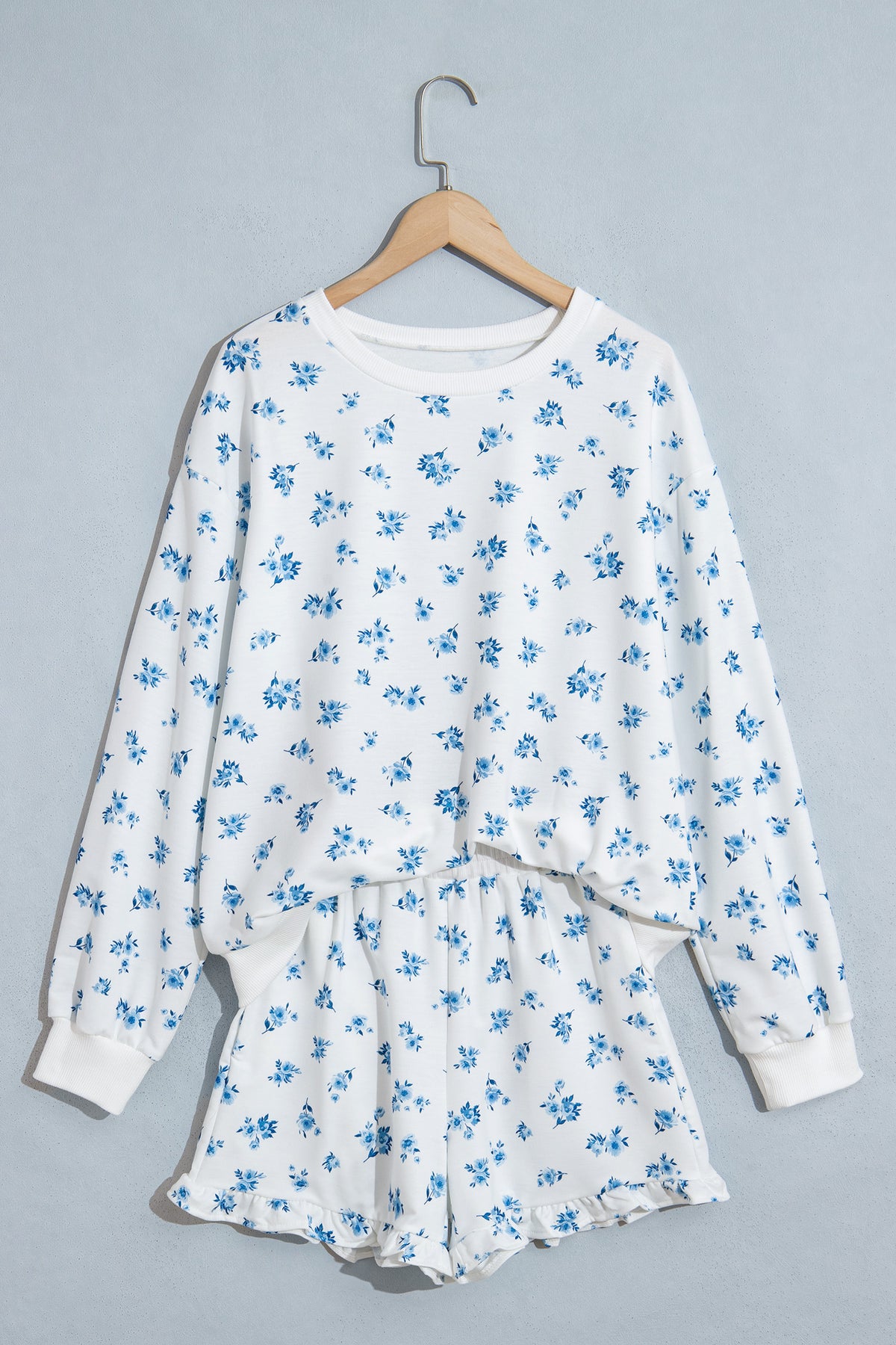Sky Blue Floral Print Long Sleeve Top Elastic Waist Ruffle Hem Shorts 2pcs Set-Two Piece Sets/Short Sets-[Adult]-[Female]-2022 Online Blue Zone Planet