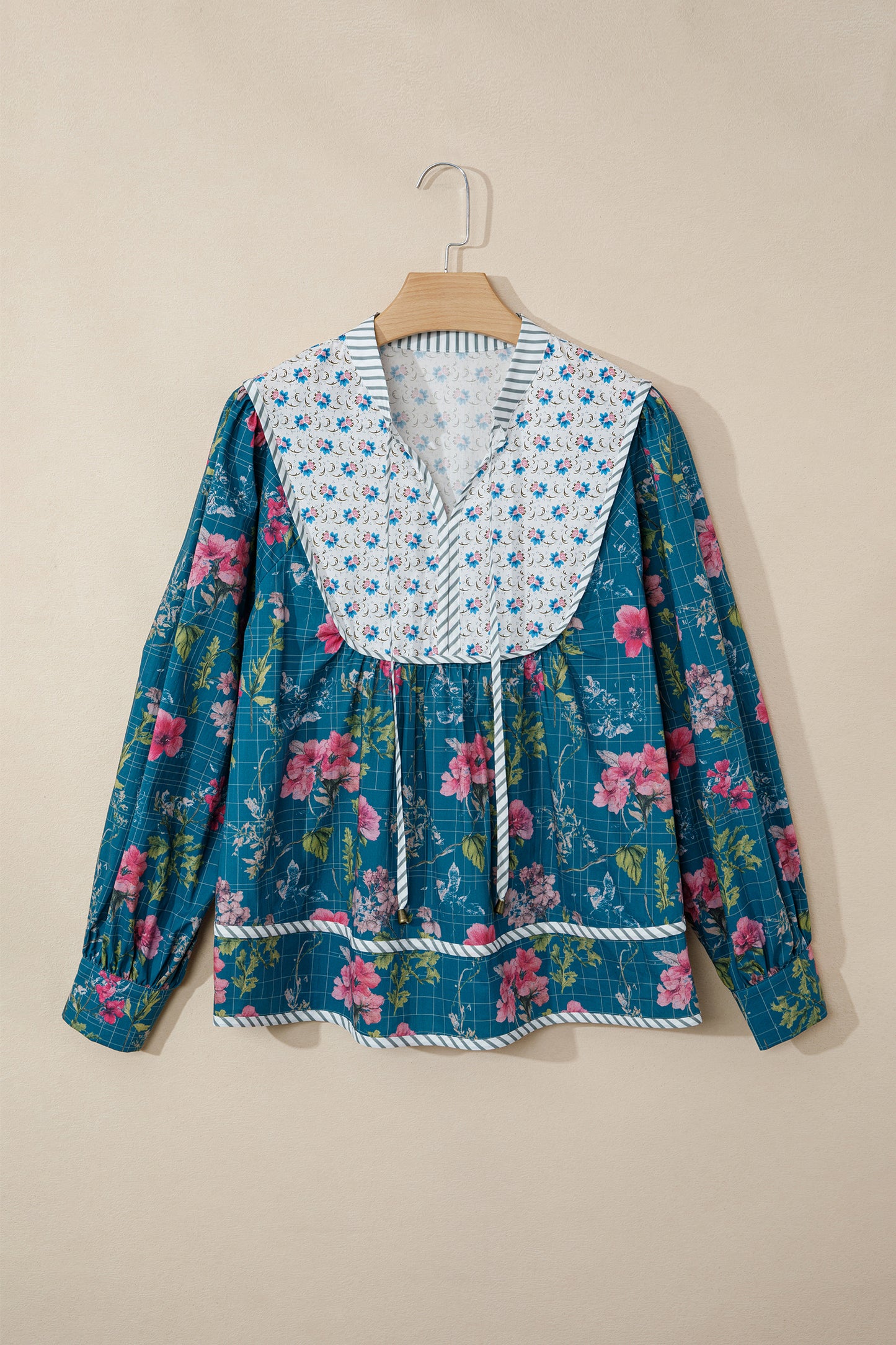 Sky Blue Floral Print Contrast Yoke Patchwork Striped Trim Long Puff Sleeve Blouse-Tops/Blouses & Shirts-[Adult]-[Female]-2022 Online Blue Zone Planet
