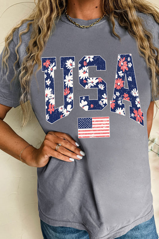 Gray Blooming USA Flag Print Casual T Shirt-Graphic/Graphic Tees-[Adult]-[Female]-Gray-S-2022 Online Blue Zone Planet