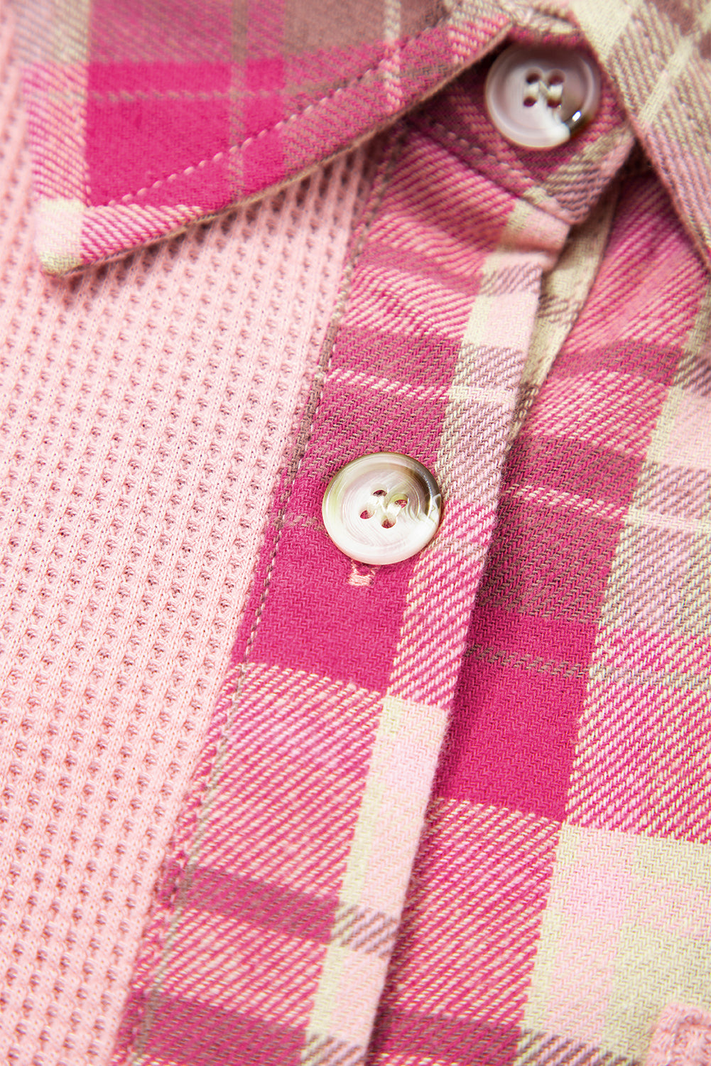 Pink Waffle Patch Pocket Plaid Patchwork Plus Size Shirt-Plus Size/Plus Size Outerwear-[Adult]-[Female]-2022 Online Blue Zone Planet